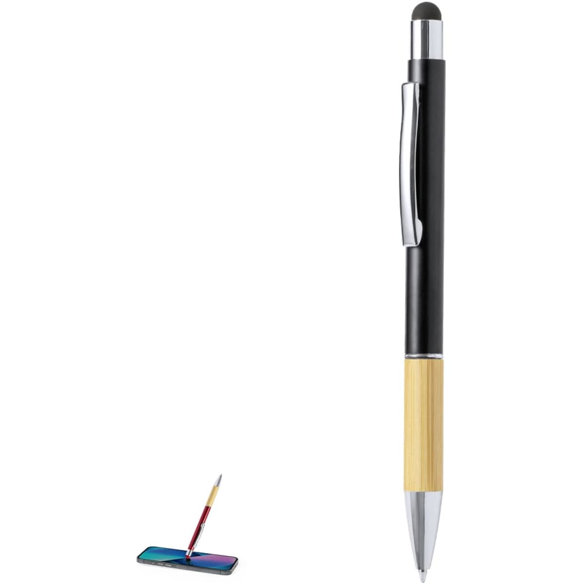 A black and bamboo ballpoint pen with a stylus tip and a logo on the barrel.