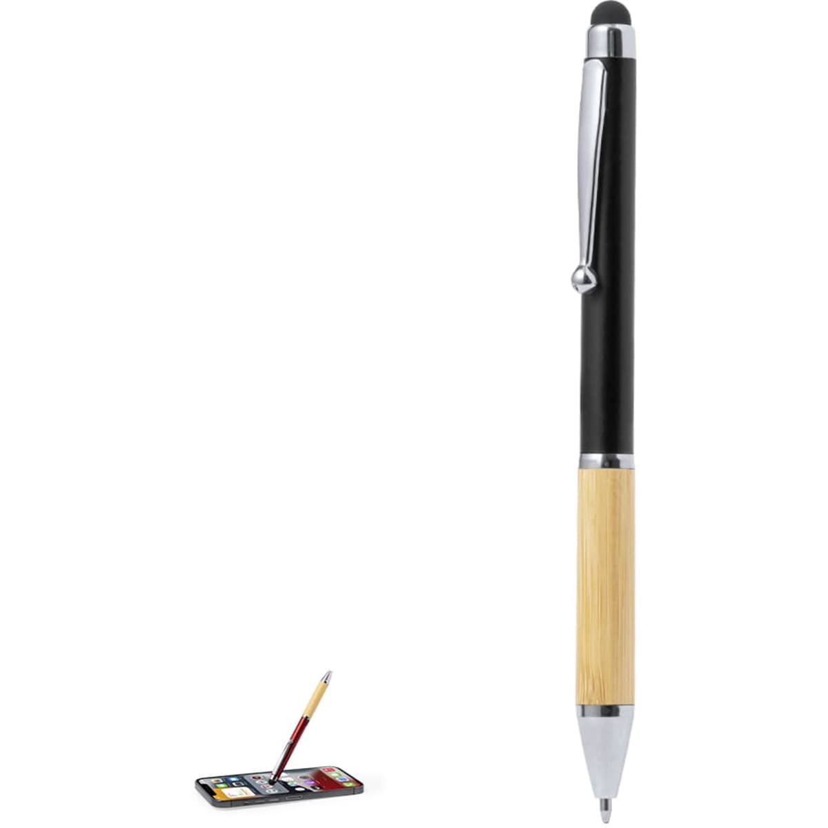 A black and bamboo ballpoint pen with a stylus tip and a silver clip, featuring a logo.