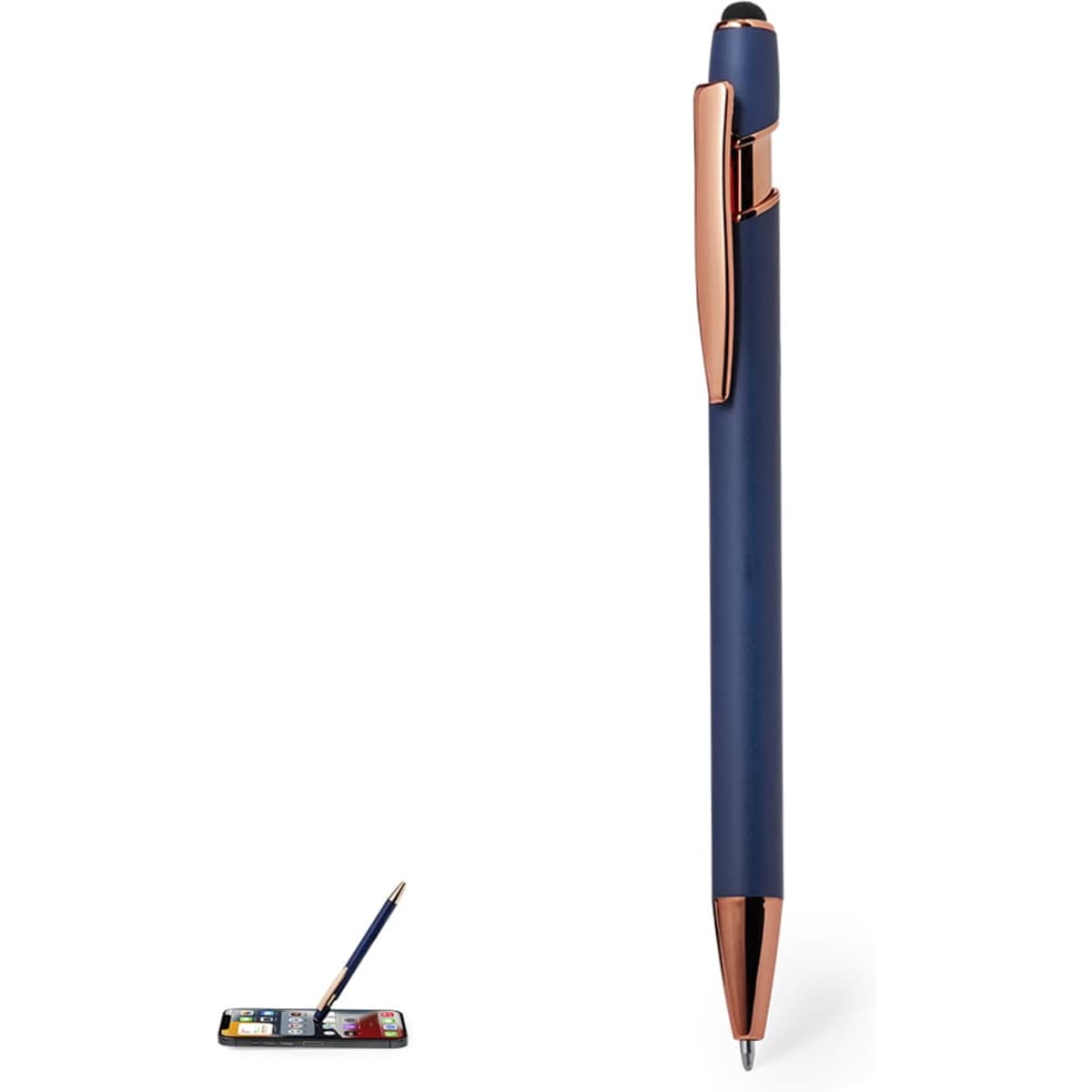 A blue ballpoint pen with a rose gold clip, alongside a stylus pen on a small palette.
