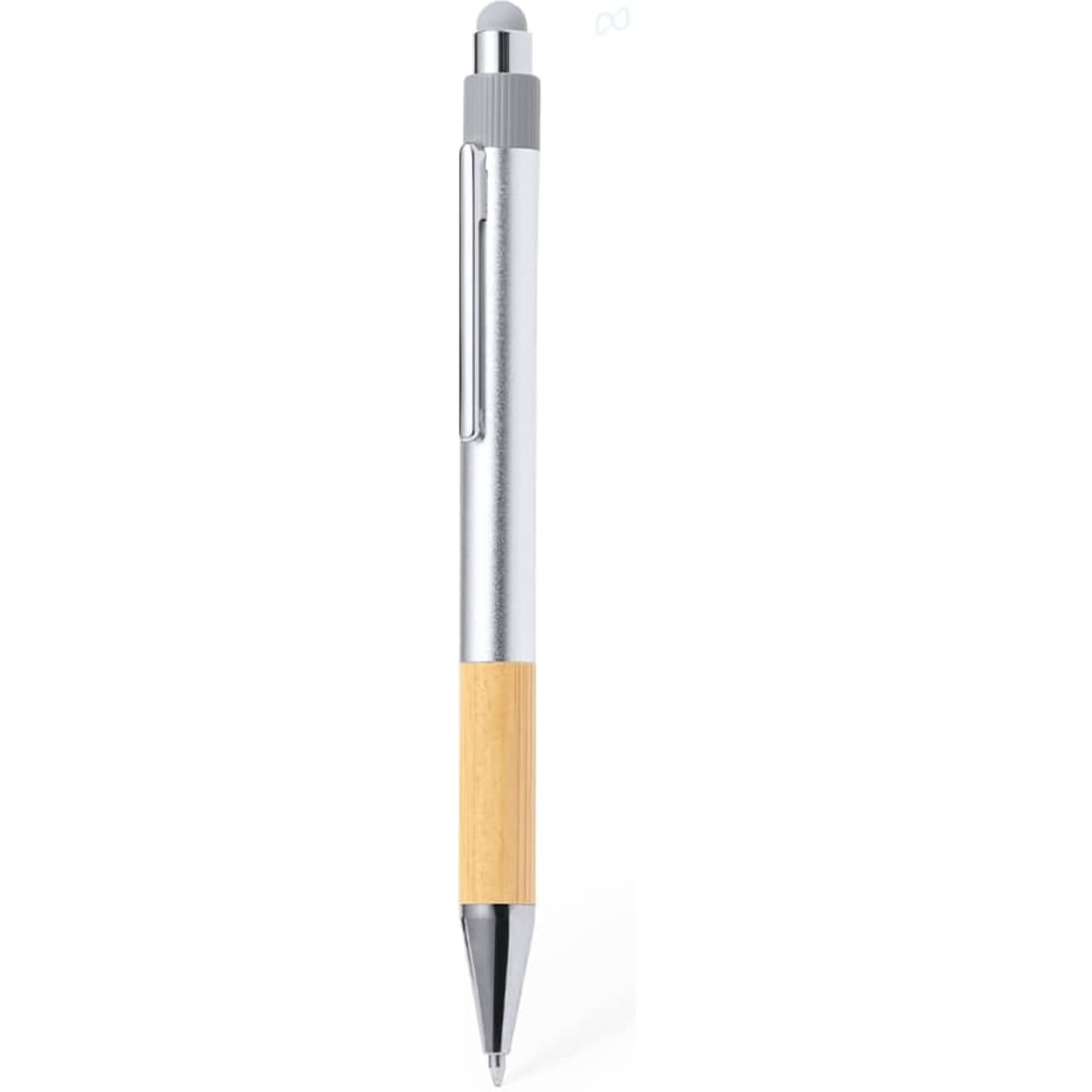 A ballpoint pen with a silver metal body and a bamboo grip, featuring a stylus tip and a clip.
