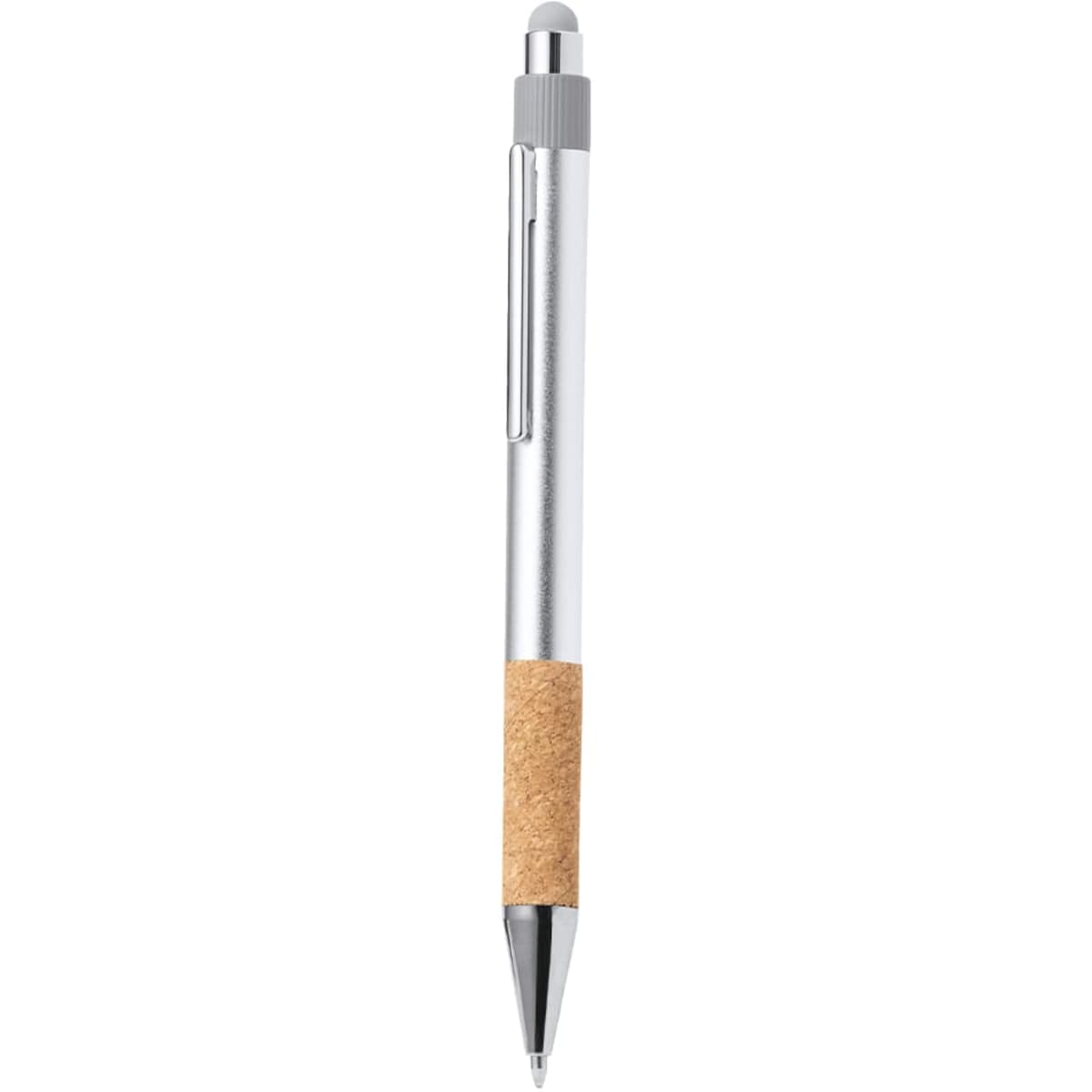 A silver ballpoint pen with a cork grip and a stylus tip. The pen features a clip and has branding on the side.