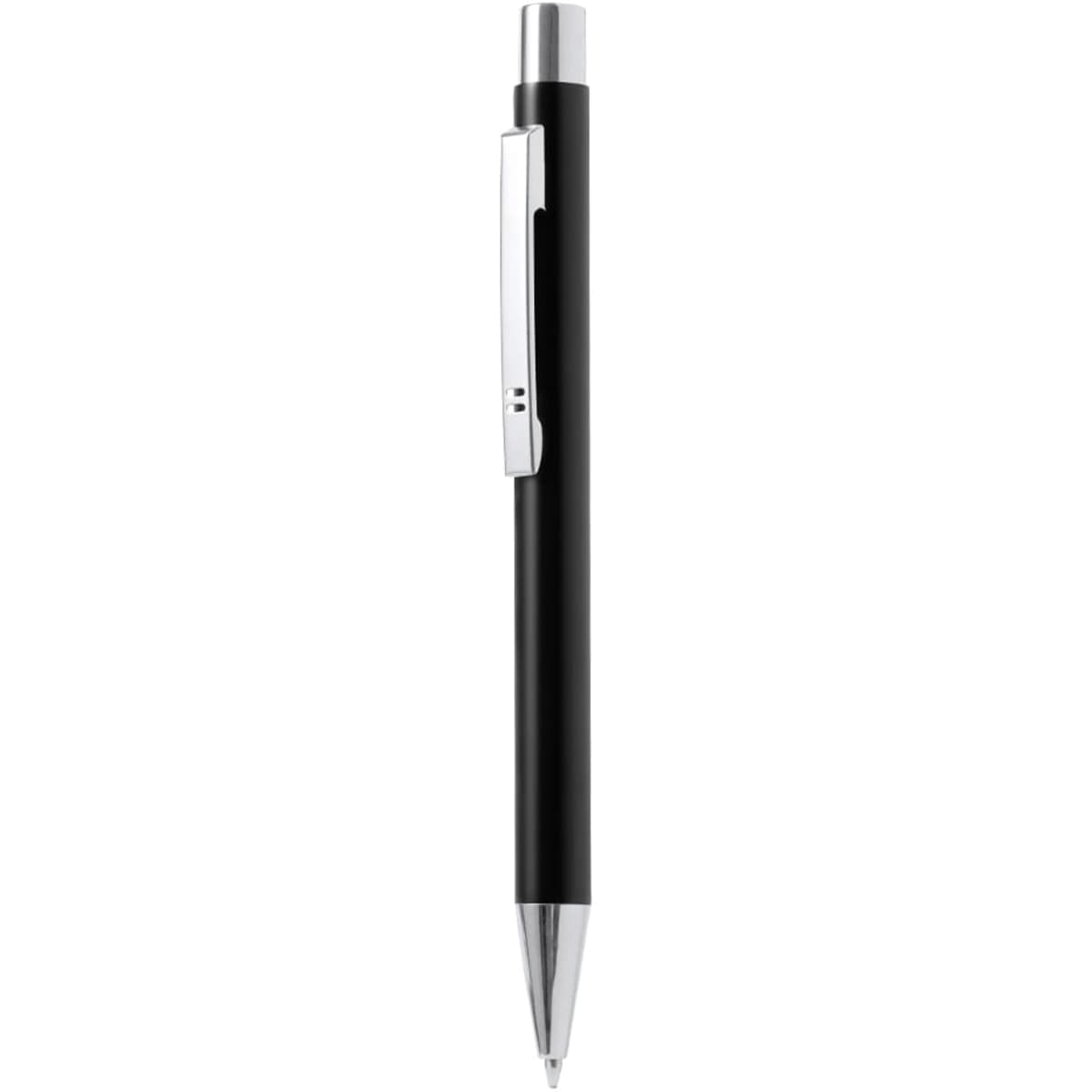A black metal pen with a silver clip and tip, featuring a logo on its body.