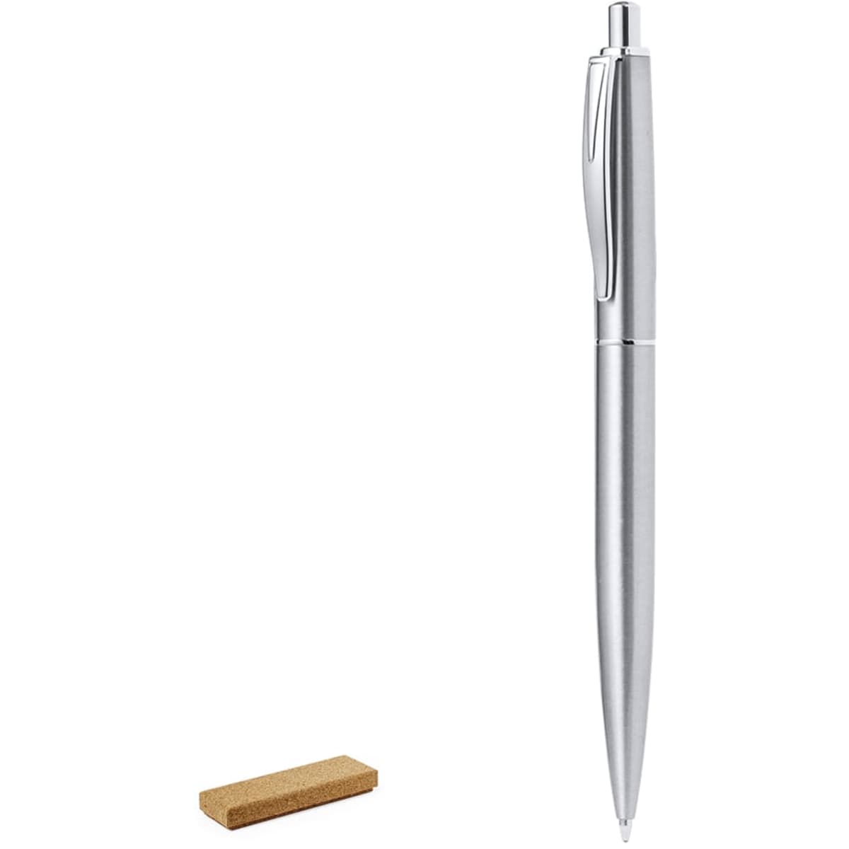 A metal pen in a sleek silver finish alongside a small rectangular piece of cork. The pen features a clip and has a logo.