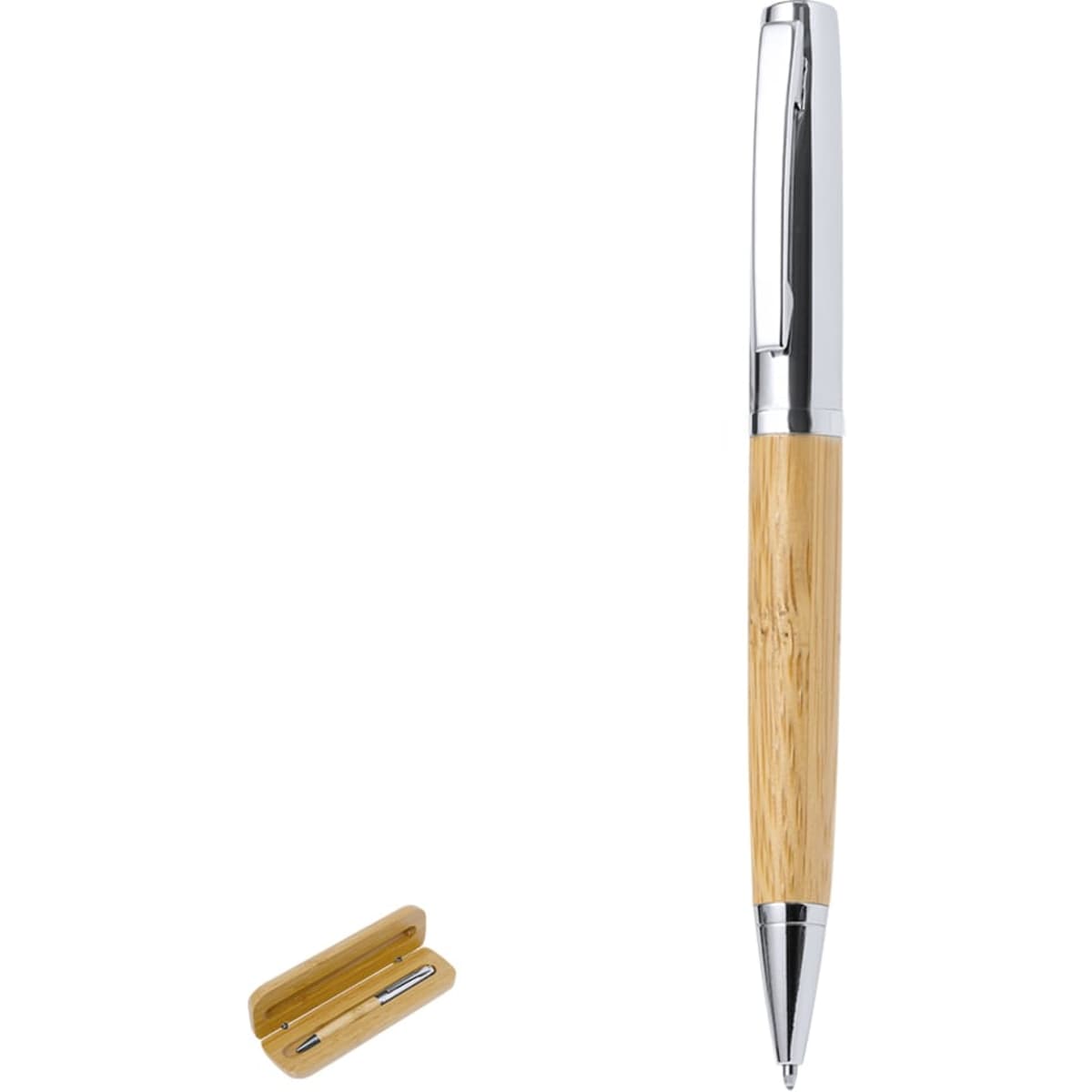 A metal pen with a bamboo body and chrome accents, accompanied by a matching pen holder.