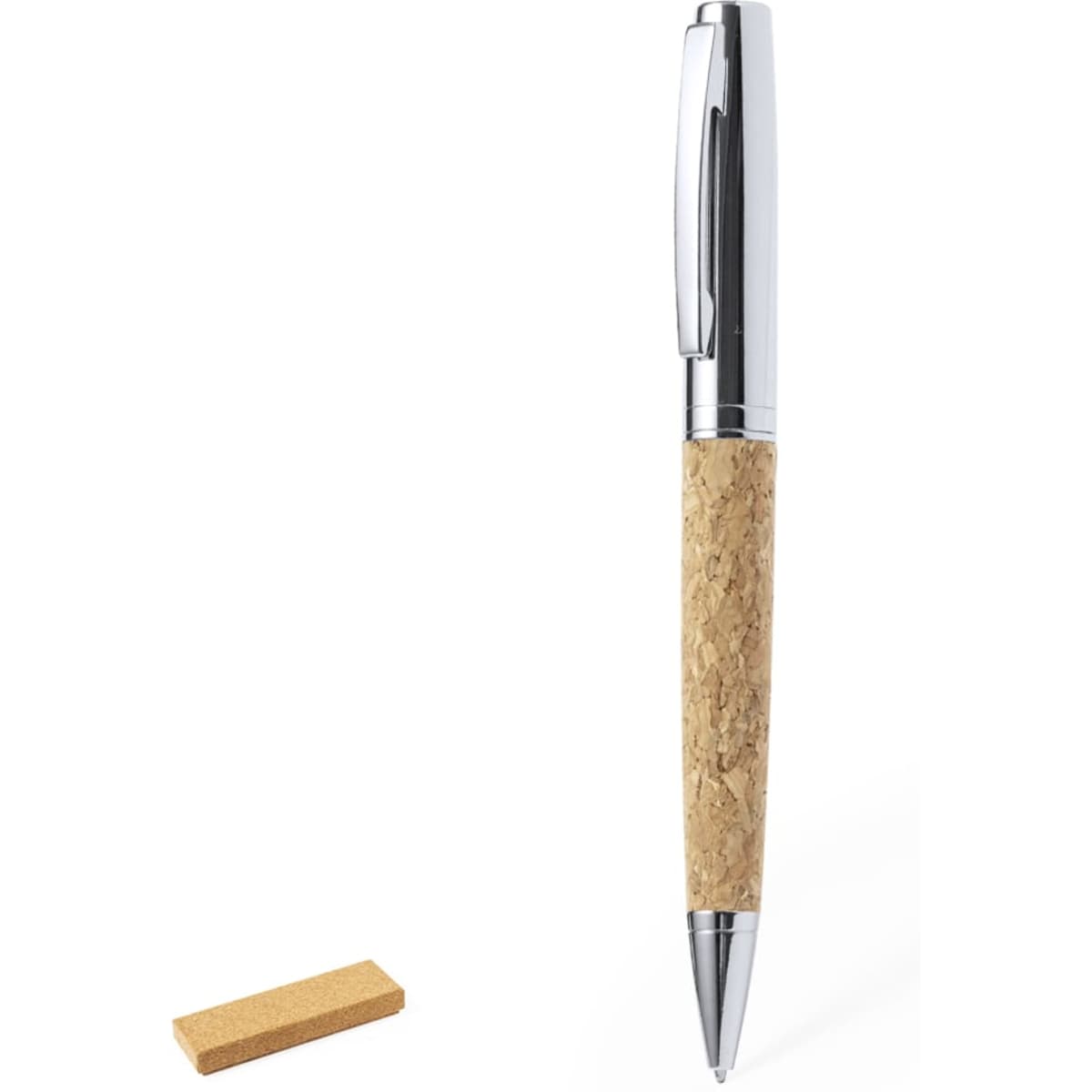 A metal pen with a cork grip and a chrome clip, displayed alongside a small cork piece.