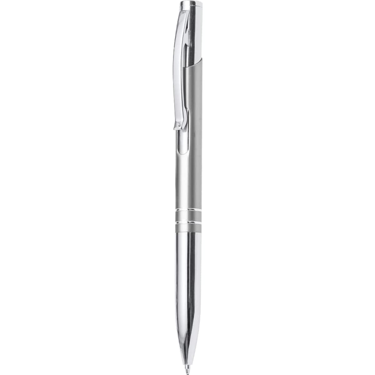 A metal pen with a shiny silver finish and a clip, featuring a simple design and branding.