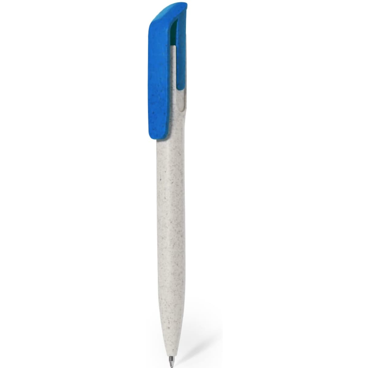 A plastic pen with a blue cap and a light grey body, featuring a logo on the side.