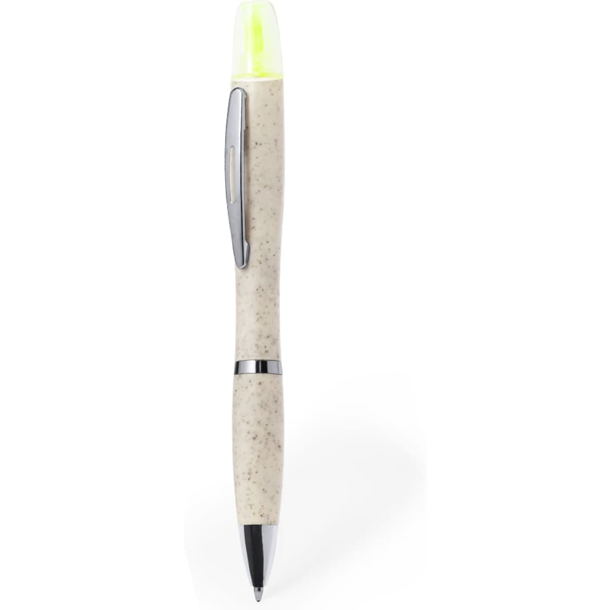 A light beige pen with a shiny silver clip and a bright yellow highlighter tip. It features a branding logo.