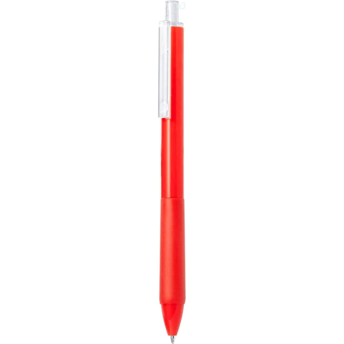 A red plastic pen with a clear clip and tip, featuring a smooth barrel design and a logo on the side.