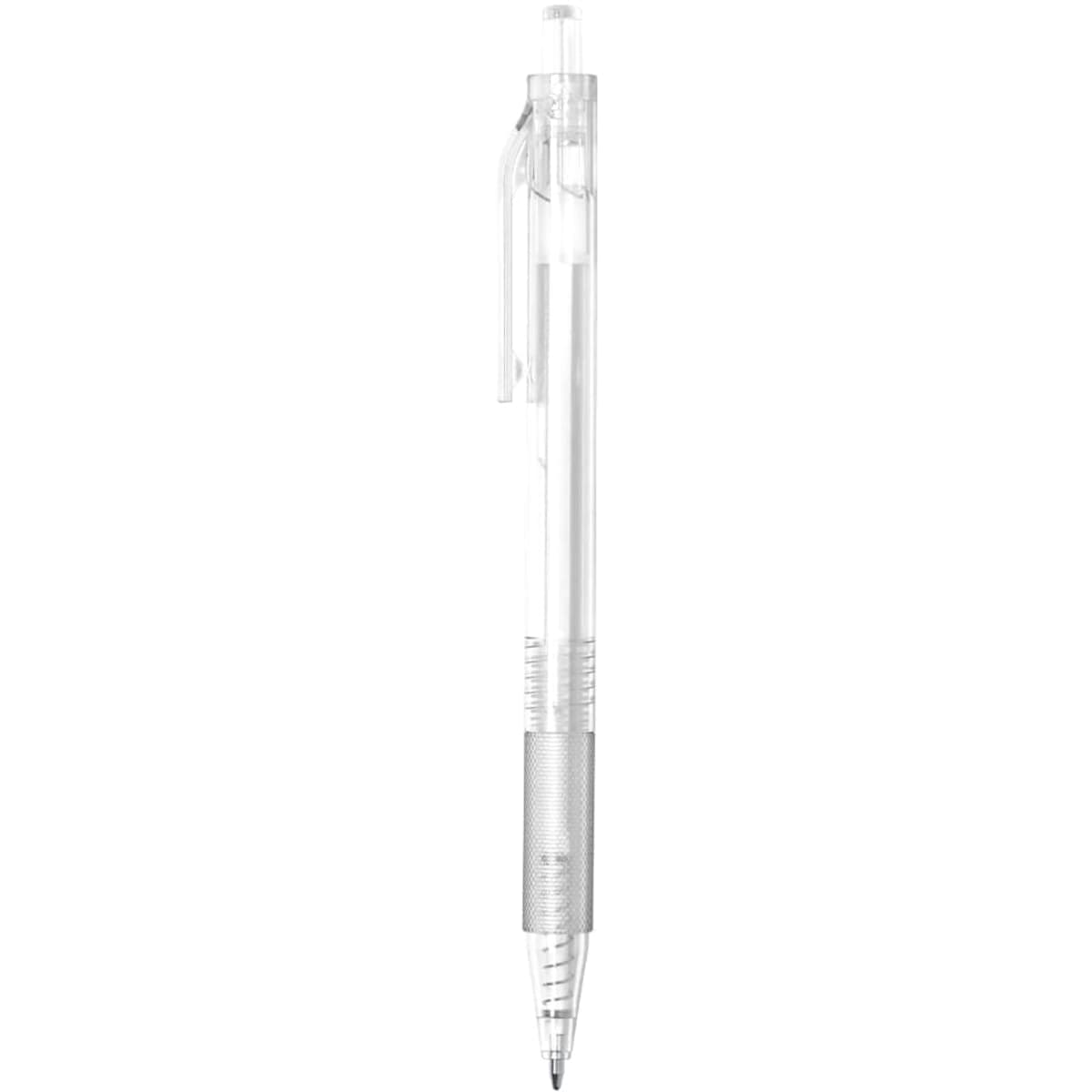 A clear plastic pen with a silver grip and clip, featuring a transparent barrel and a visible ink chamber.