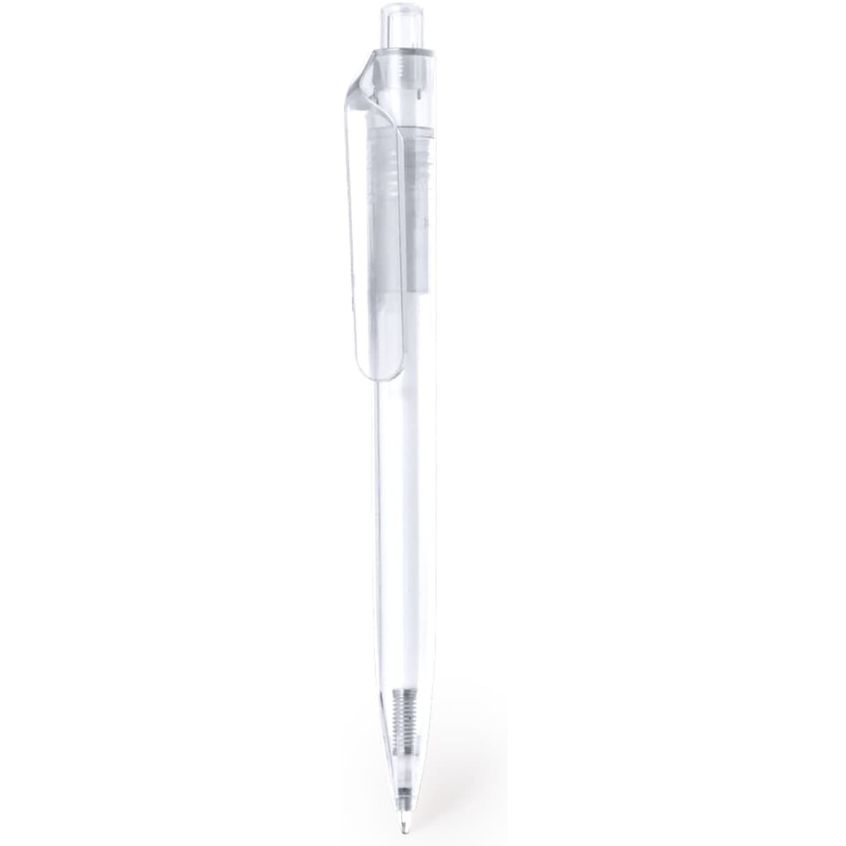 A plastic pen with a clear barrel and clip, featuring a black ink tip.