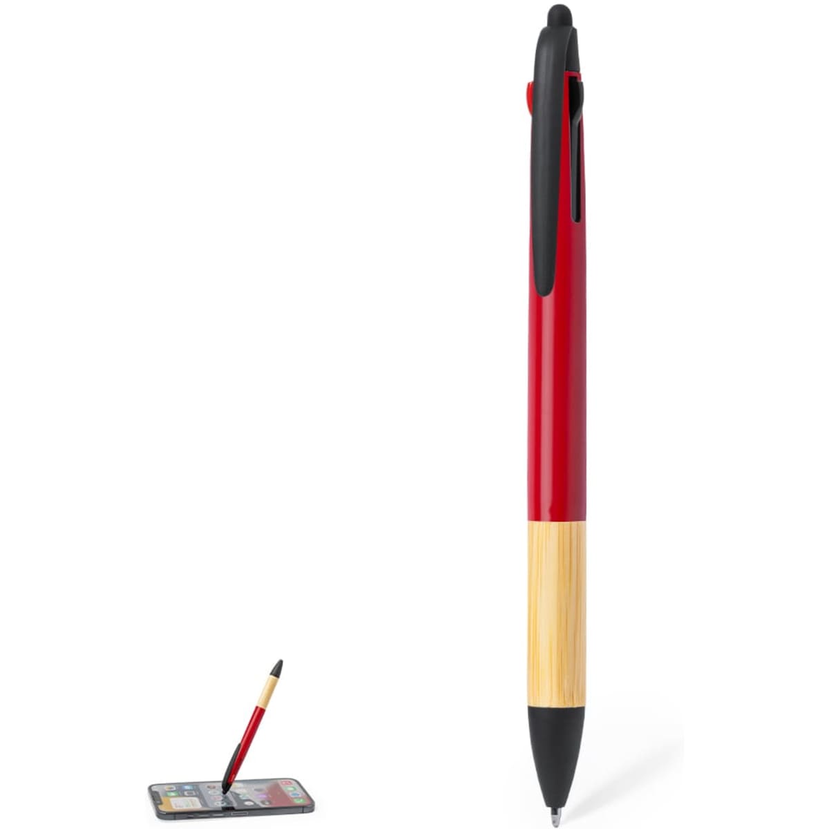 A red ballpoint pen with a bamboo accent and a stylus tip. The pen has a logo and is displayed next to a phone.