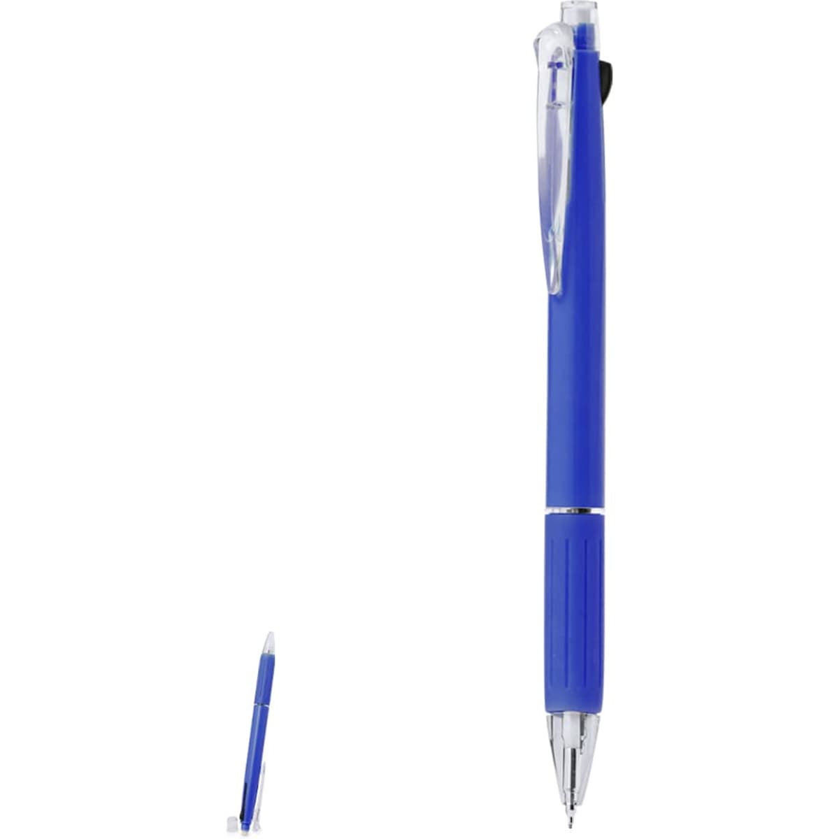 A blue plastic pen featuring a transparent cap and grip, alongside a smaller version of the same pen.