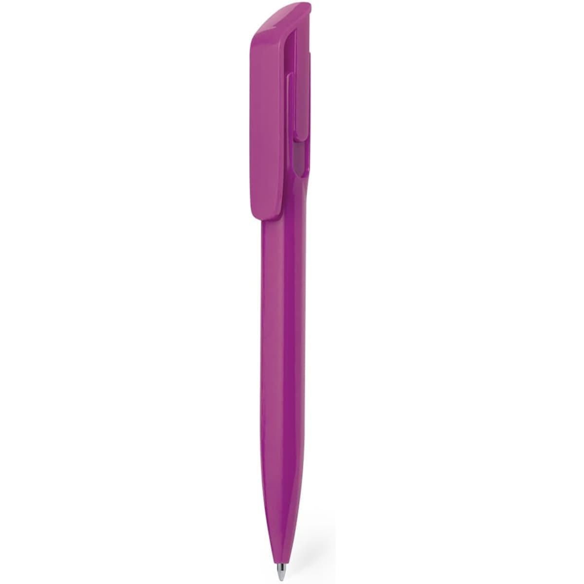 A pink plastic pen with a clip, featuring a simple design and a smooth writing tip.