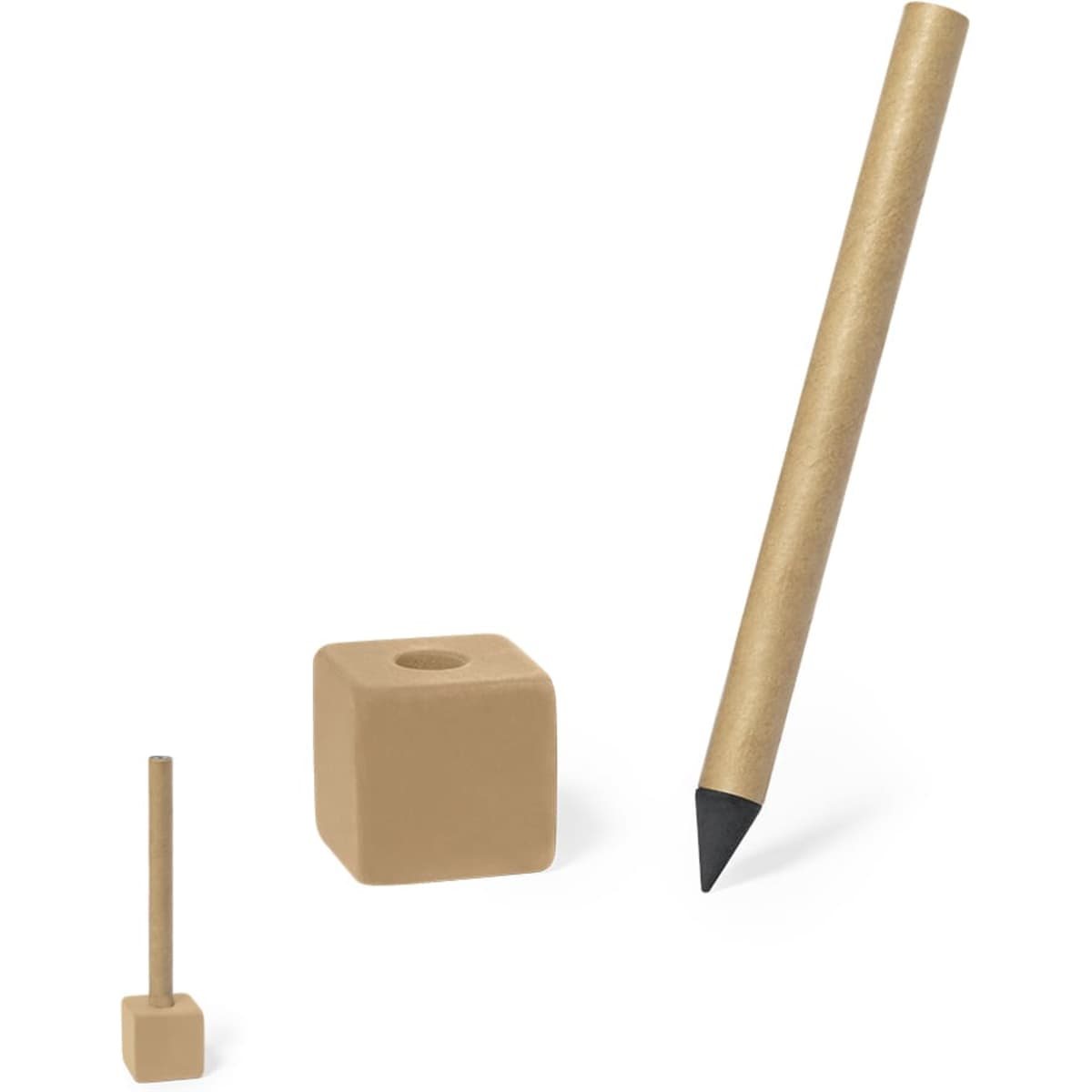 A grey-lead pencil with a black tip, accompanied by a small brown cube holder. The pencil features a simple design.