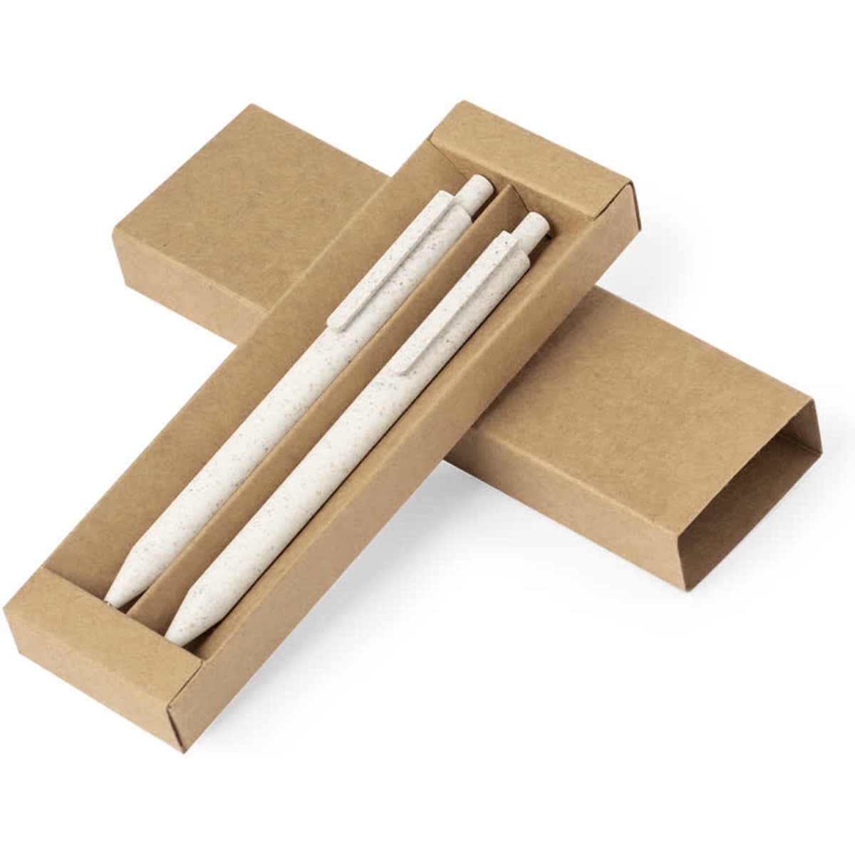 A gift set featuring two off-white pens housed in a brown cardboard box with an open design.