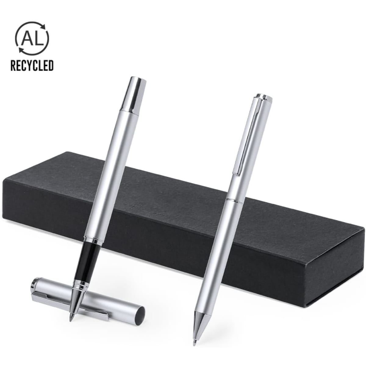A pen set made of recycled aluminium featuring silver-coloured pens in a sleek black box.