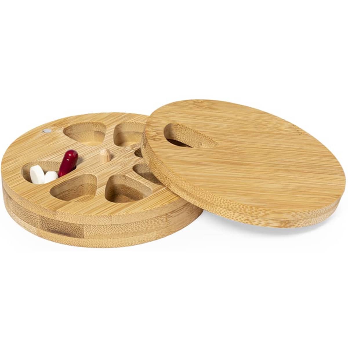 A bamboo pill organiser with a circular design featuring heart-shaped compartments and a lid.