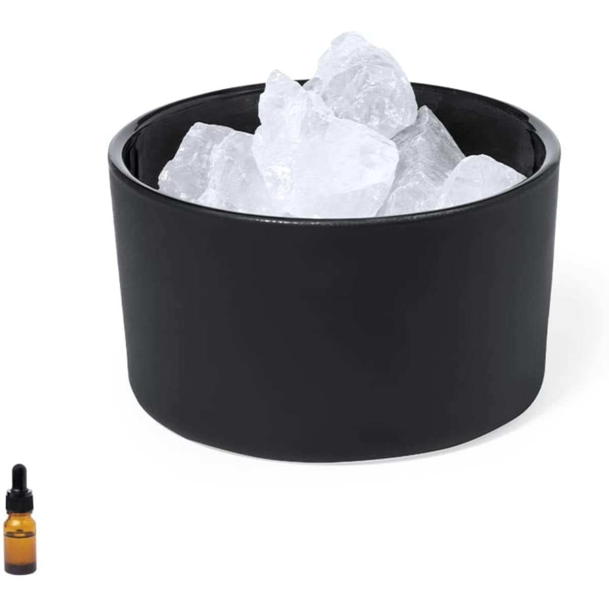 A black bowl filled with ice cubes, accompanied by a small amber glass dropper bottle.