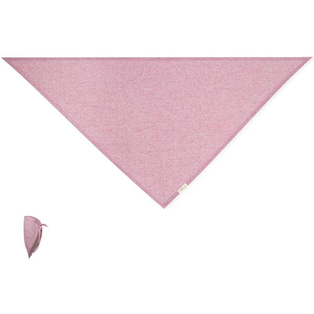 A pink bandanna featuring a logo, displayed in a triangular shape with a smaller folded version visible.