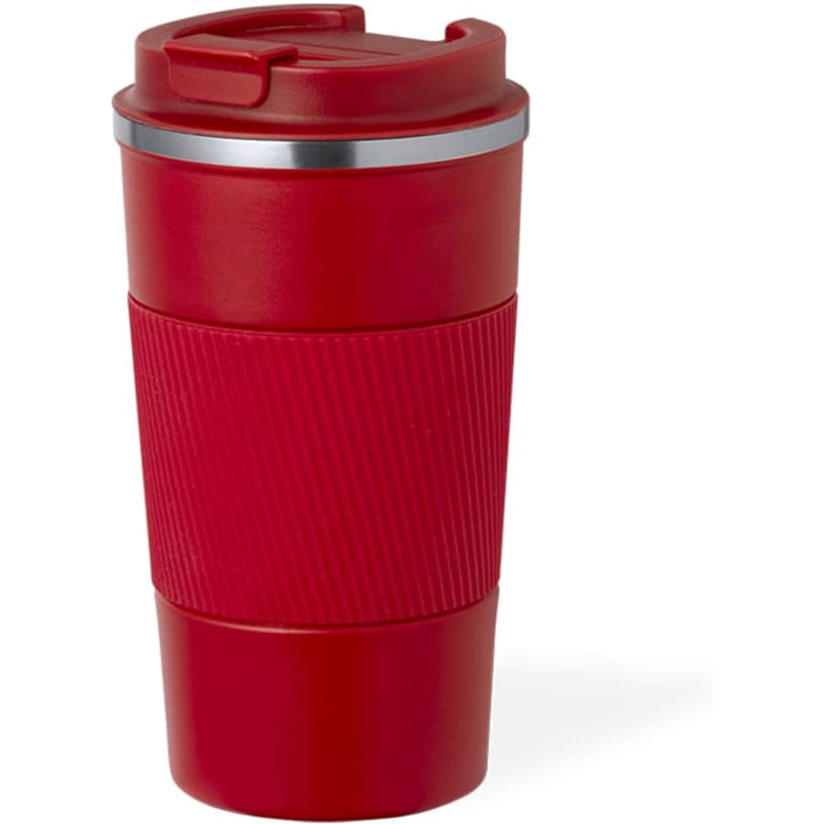 A red insulated travel mug with a ribbed grip band and a lid, featuring a metallic band at the top.