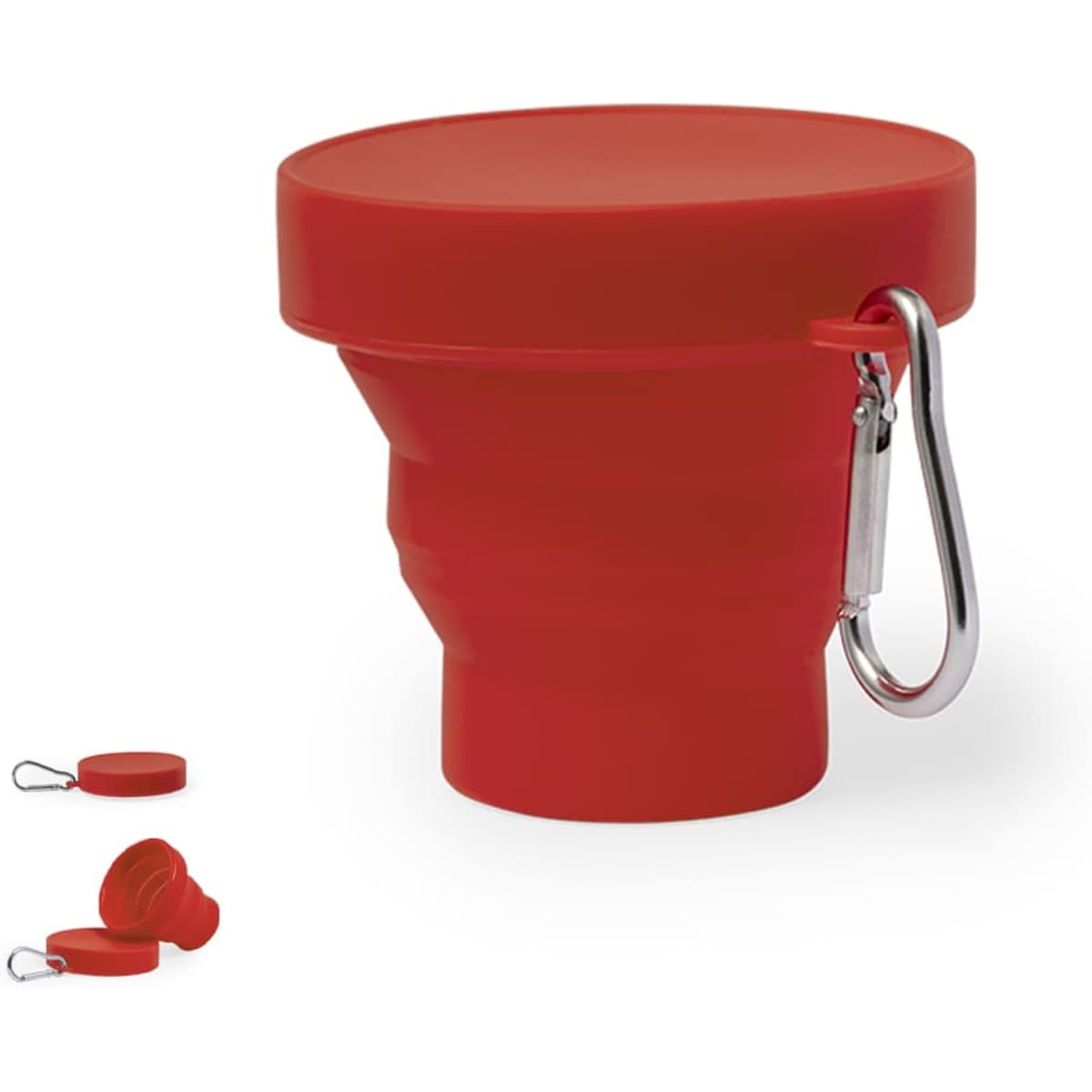 A foldable drink bottle in bright red, featuring a secure cap and a metal carabiner attachment.