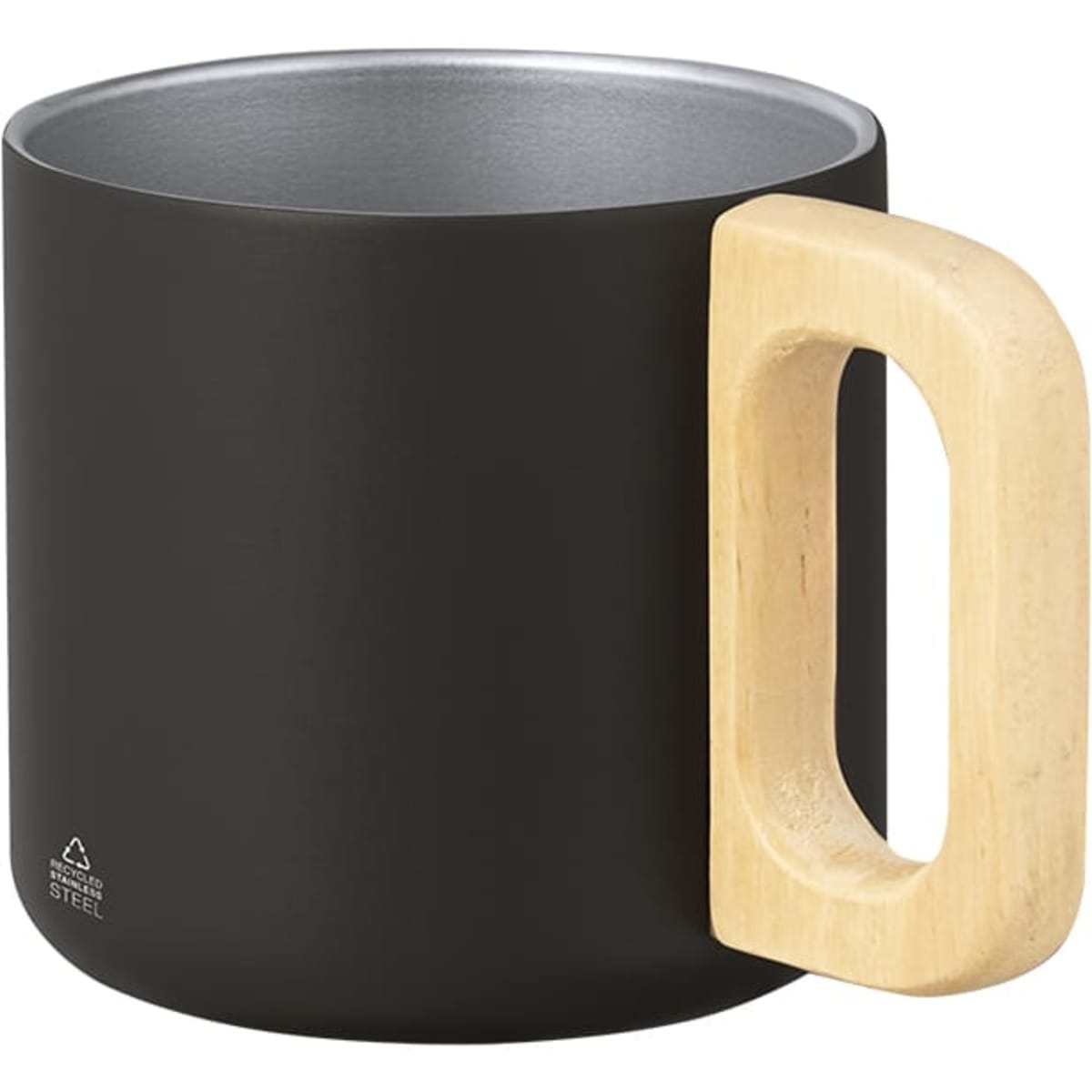 A black stainless steel mug with a wooden handle and an interior finish. Features a simple design with a logo.