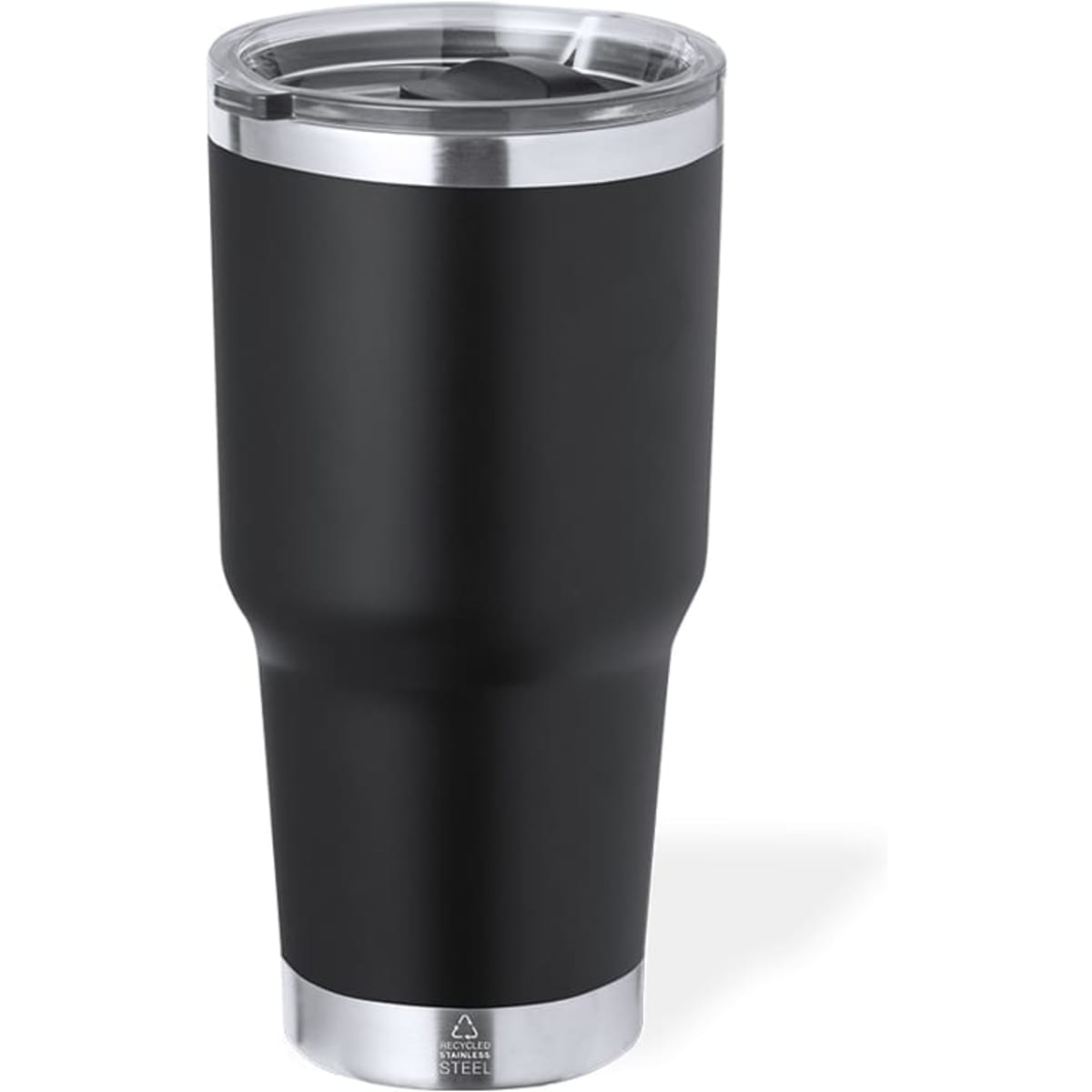 A travel mug in matte black with a stainless steel base and a clear lid. It features a logo on the front.