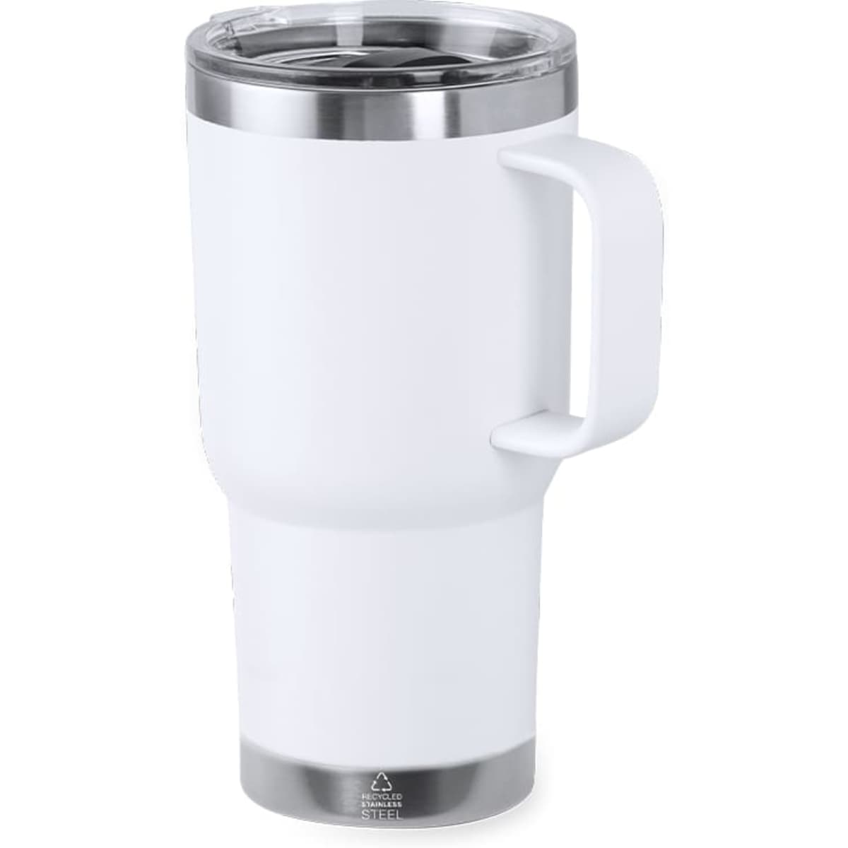 A drink bottle in white with a stainless steel base and a secure lid, featuring a handle and a logo.