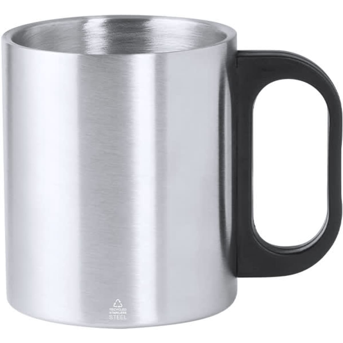 A stainless steel mug with a black handle and a simple design. It features a logo on the bottom.
