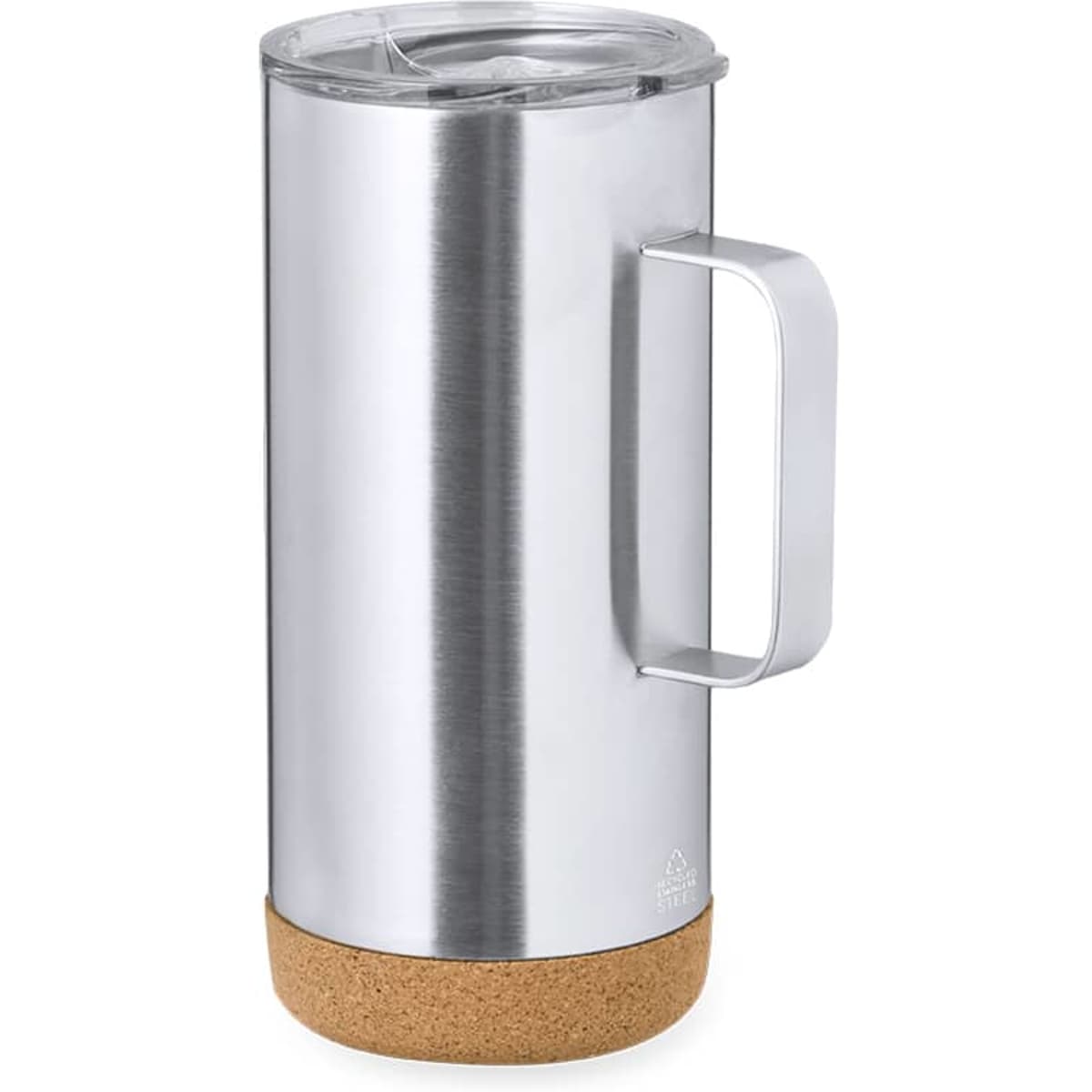 A travel mug with a stainless steel body, clear lid, and cork base, featuring a handle and a logo.