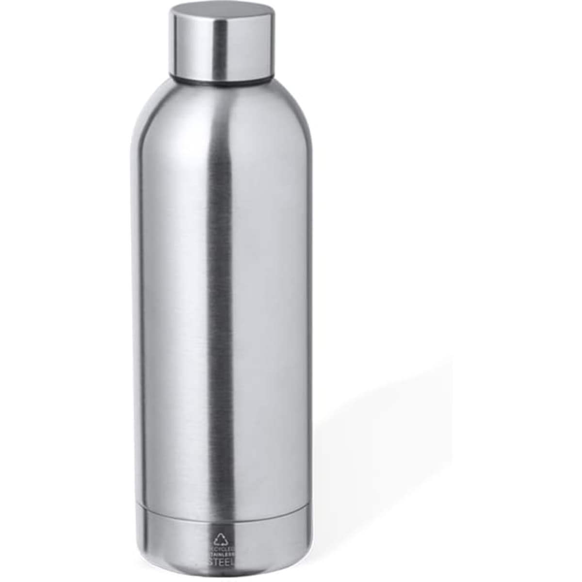 A drink bottle in stainless steel with a sleek, brushed finish and a screw-on cap. It features a logo.