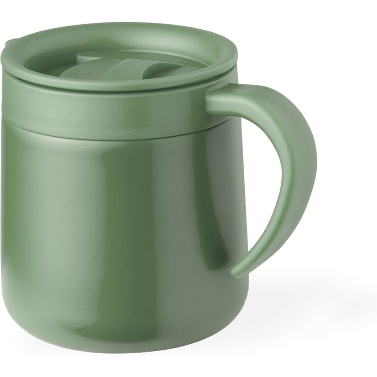 An insulated travel mug in a muted green colour with a handle and a lid, featuring a logo.