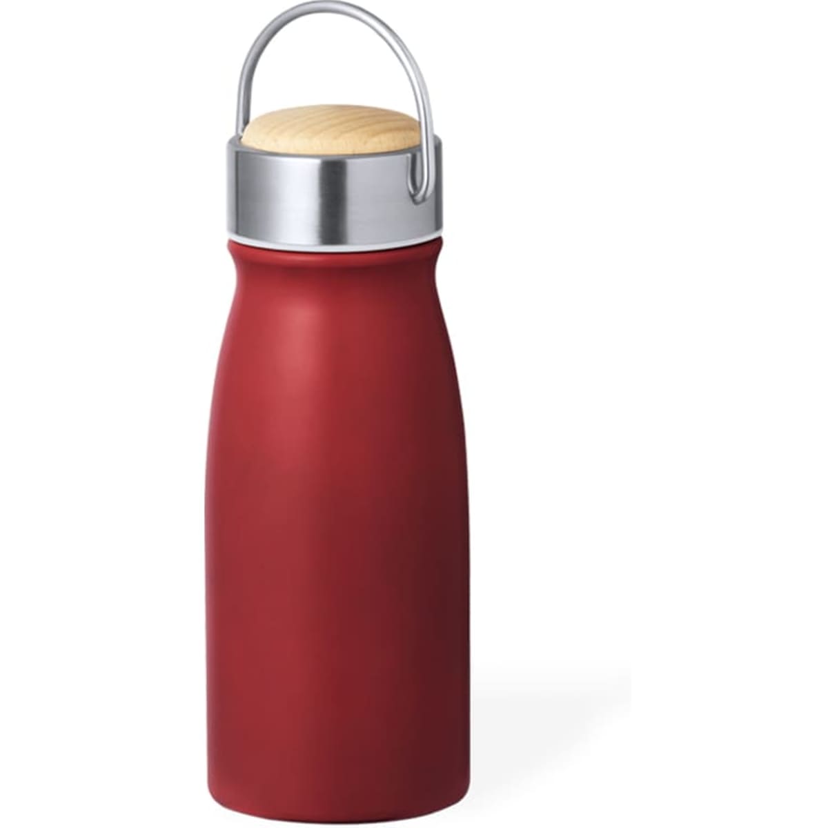A drink bottle in a matte red finish with a silver lid and wooden handle. It features a sleek, curved design.