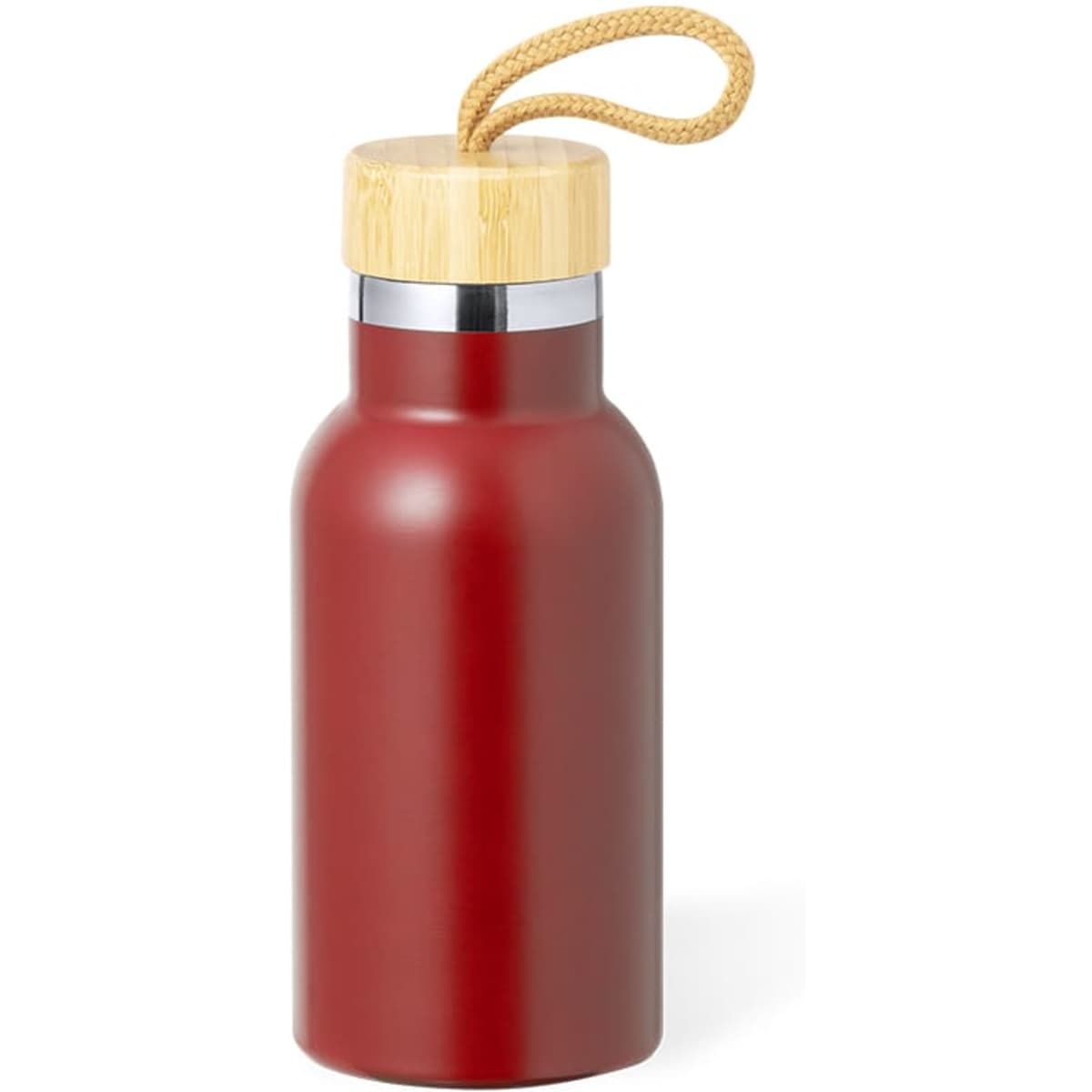 A drink bottle in a deep red colour with a bamboo lid and a rope handle. It features a sleek, insulated design.