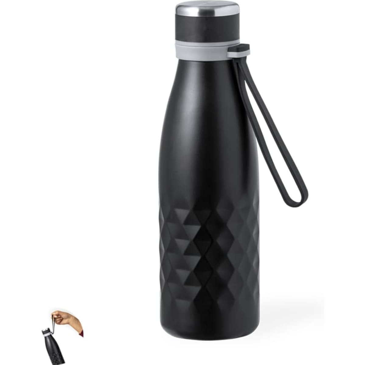 A drink bottle in matte black with a diamond texture, featuring a silver lid and a loop handle, includes a logo.