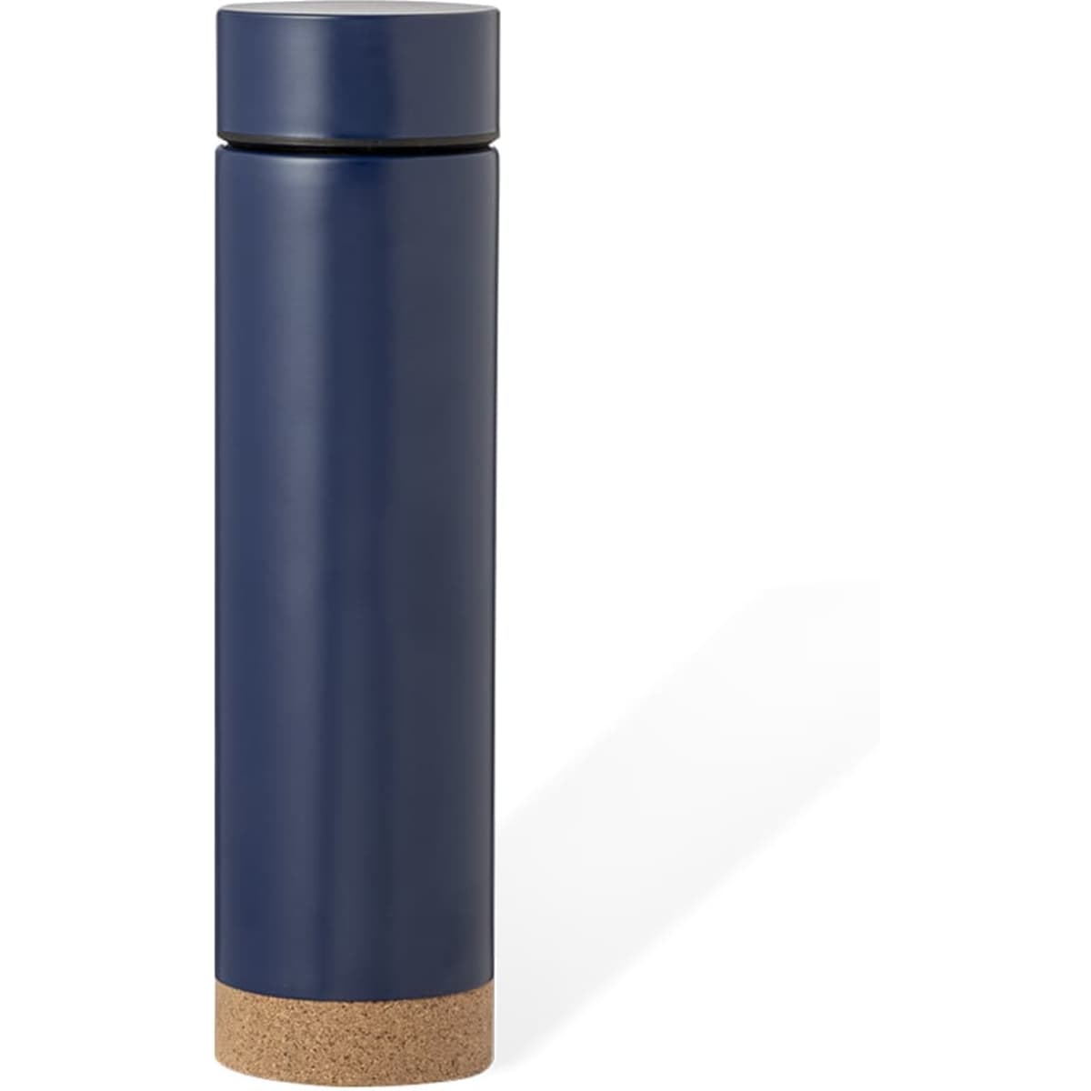 A drink bottle in navy blue with a cork bottom and a sleek design, featuring a logo.
