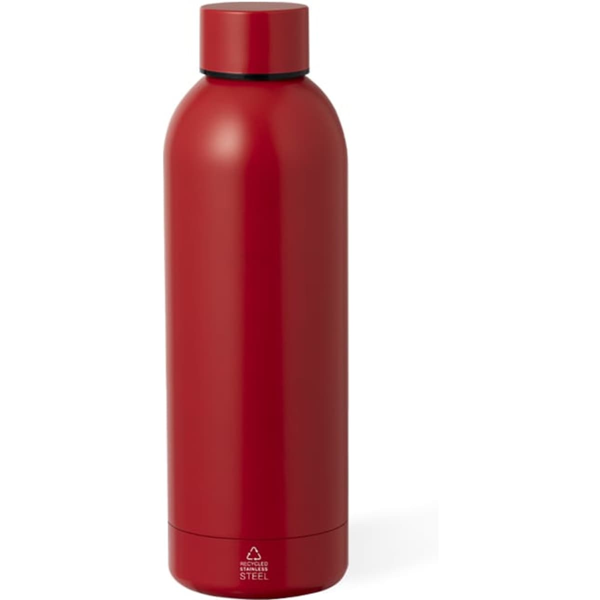 A red insulated drink bottle made of stainless steel with a sleek design and a logo on the side.