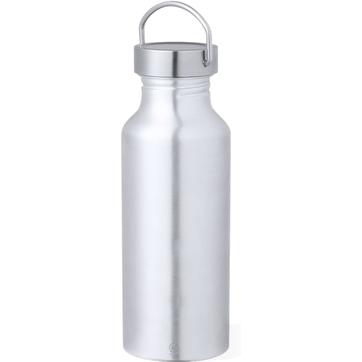 A silver drink bottle with a screw-on lid and a side handle. Includes a logo.