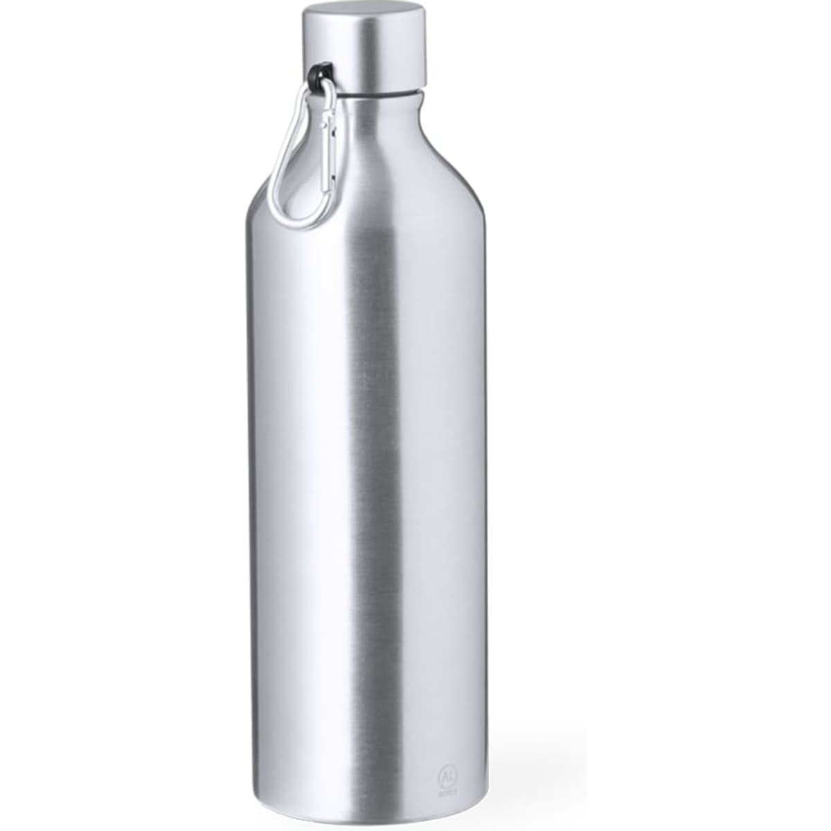 A drink bottle in silver, featuring a smooth metallic finish and a carabiner clip at the top.