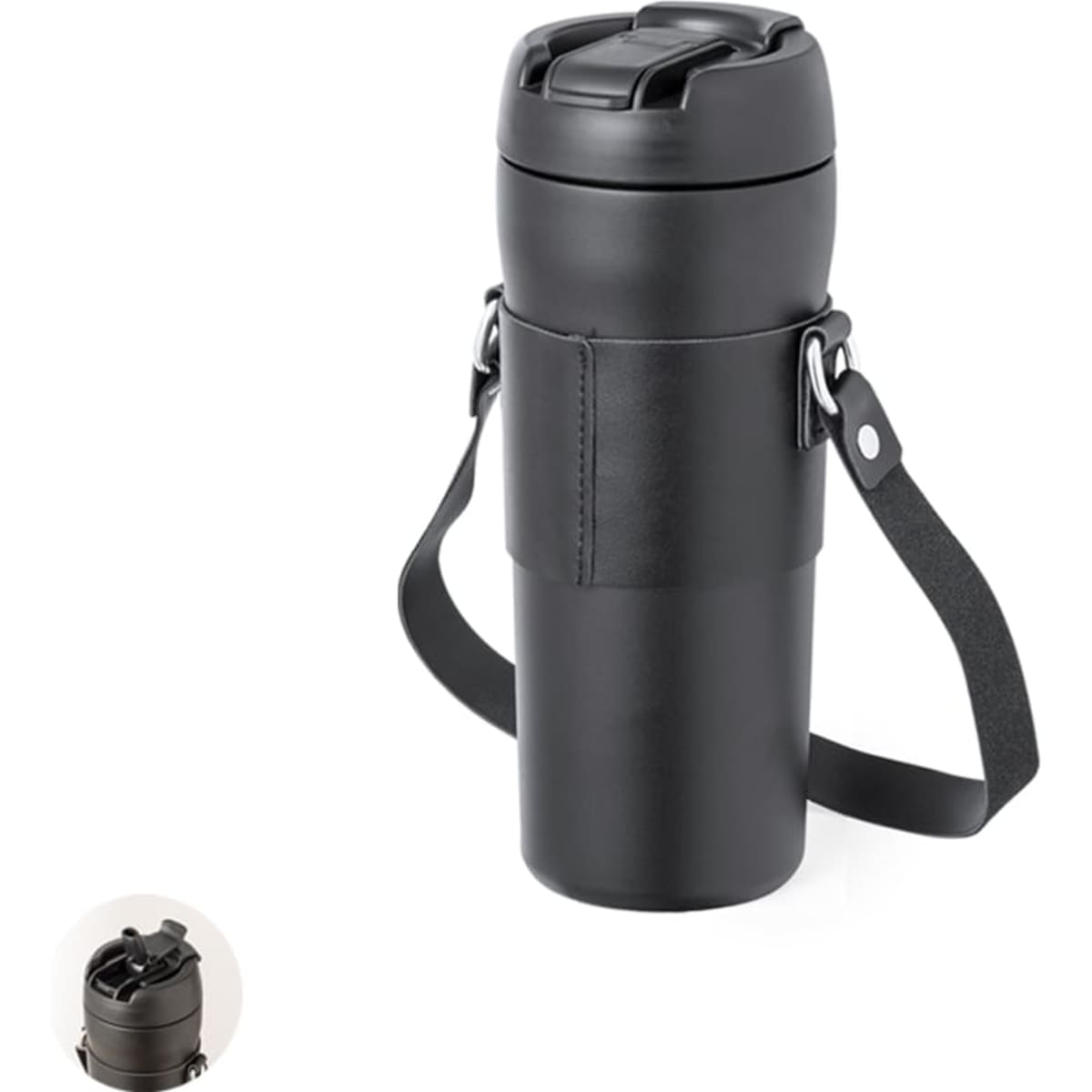 A drink bottle with a black finish, featuring a strap and a lid with a spout. It includes a branding logo.