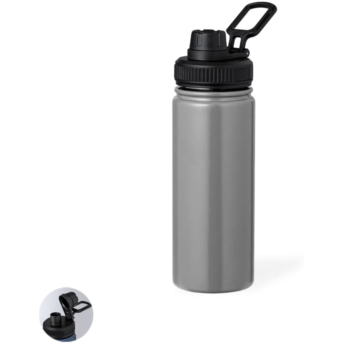 A drink bottle in grey with a black lid and a spout. It features a logo on the body.