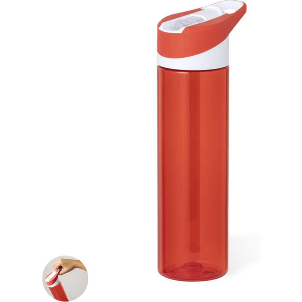 A drink bottle in bright red with a white cap and a handheld feature. It features a logo.
