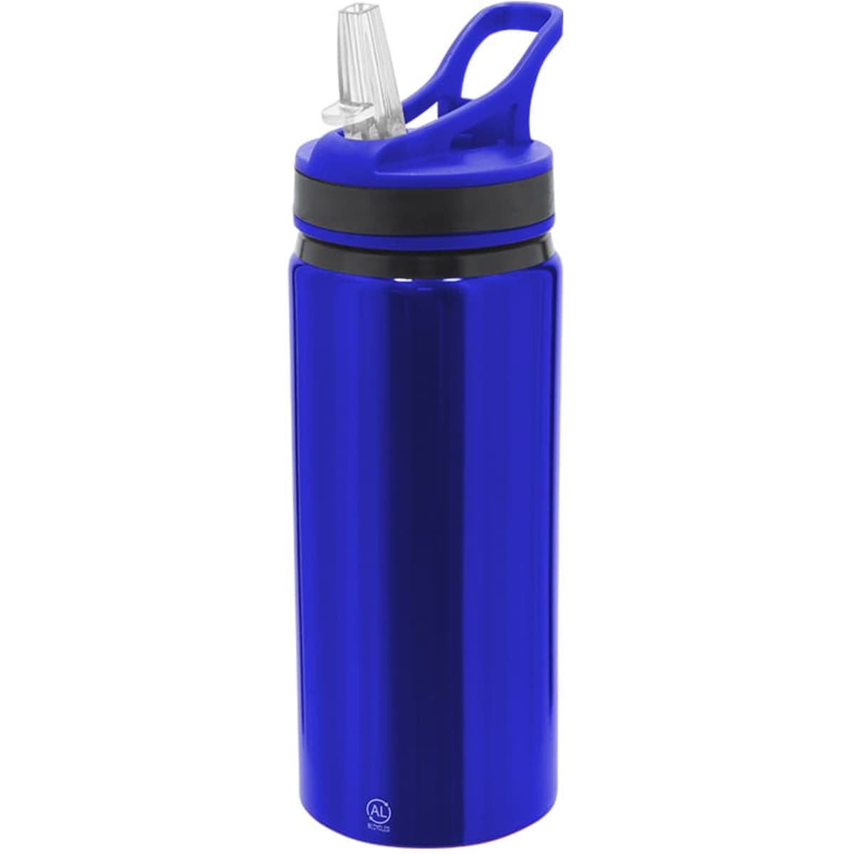 A drink bottle in vibrant blue with a flip-top straw lid and a handle for easy carrying. It features a branding logo.