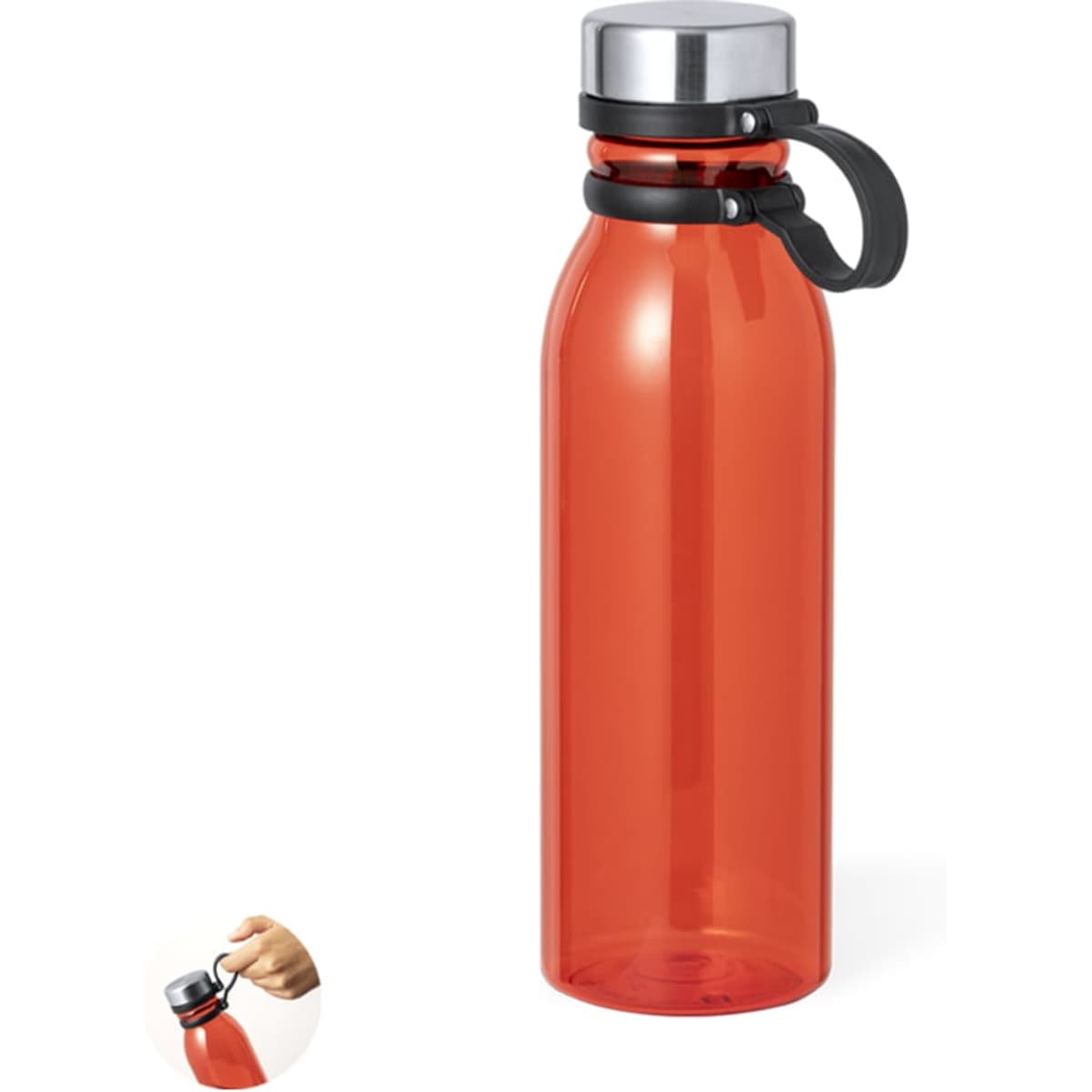 A drink bottle in vibrant red with a silver cap and a black handle. It features a logo on the side.
