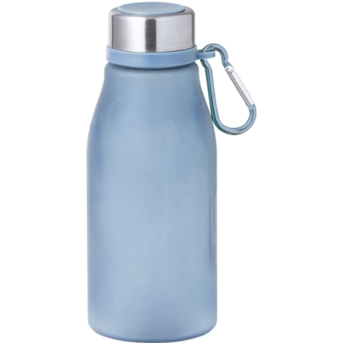 A drink bottle in a frosted light blue finish with a stainless steel cap and a carry loop.