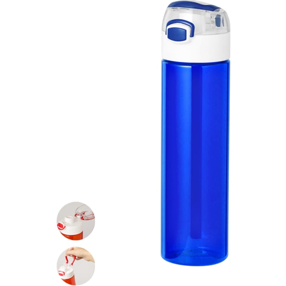 A drink bottle in vibrant blue with a clear lid and a flip-top spout. Includes a logo or branding.