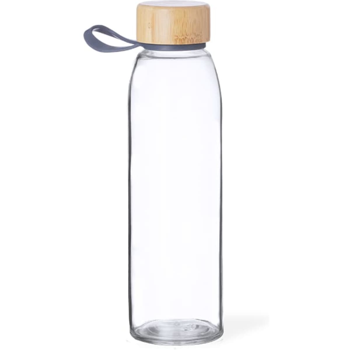 A drink bottle with a clear glass body and a bamboo lid, featuring a grey silicone strap.