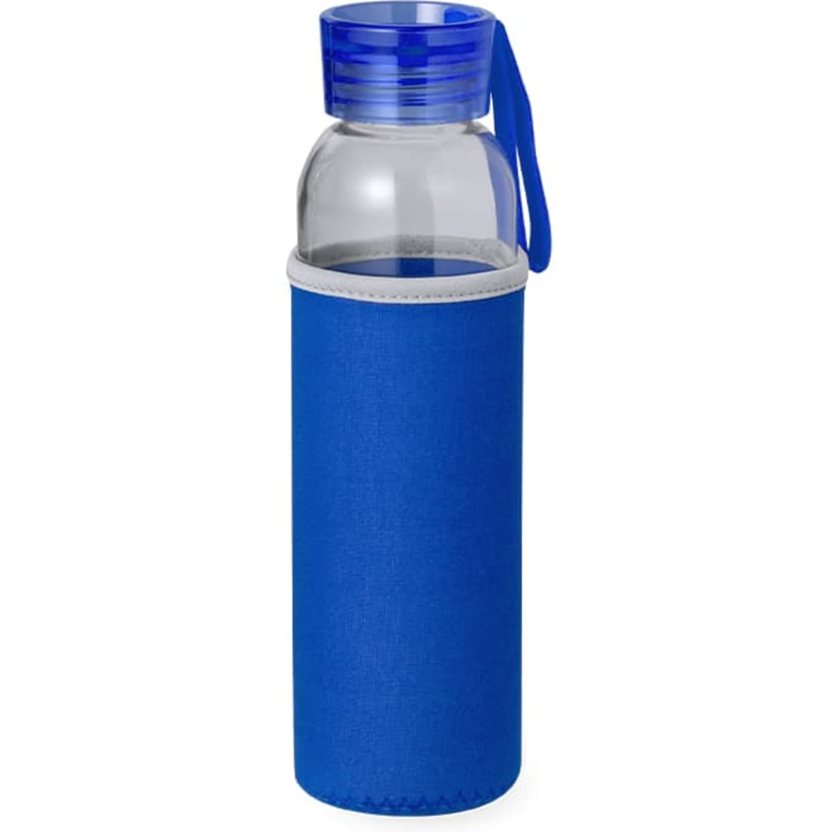 A drink bottle with a clear container, blue cap, and a blue sleeve for insulation. Features a carrying strap.