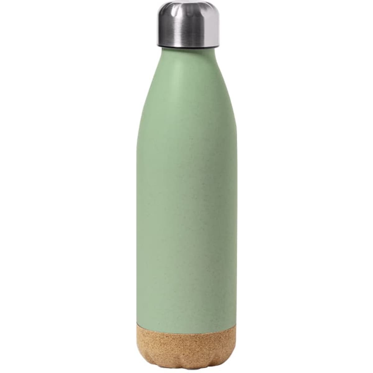 A drink bottle in a muted green colour with a cork bottom and a metallic silver cap. It features a logo.